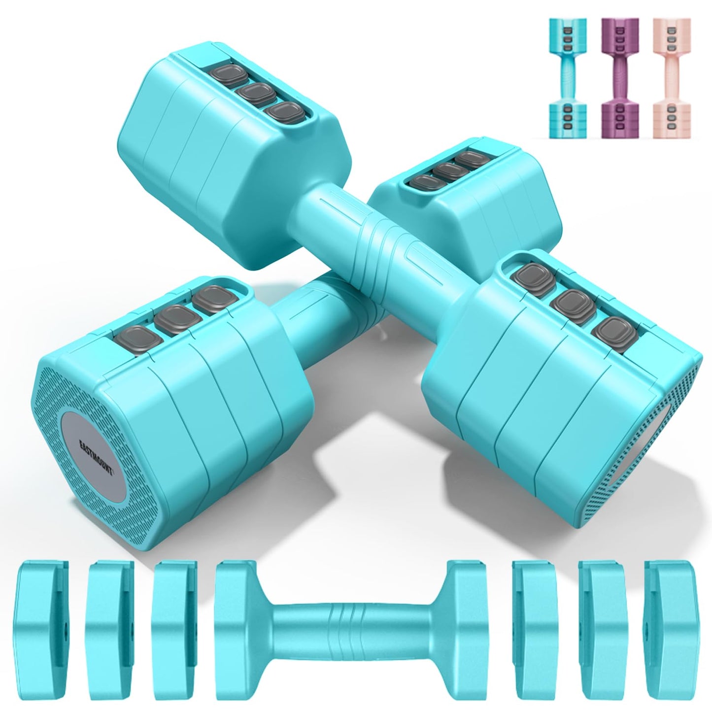 EAST MOUNT adjustable dumbbell set (2 pieces) with 4 weight options (2–5 lb each), designed for home workouts.